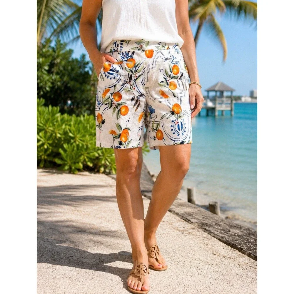 Chico’s Orange Citrus Print Bermuda Shorts Size 1 (US 14) Summer Resort Linen